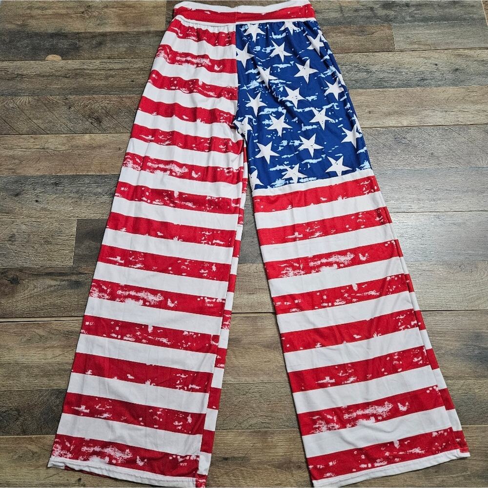 Stars and Stripes Red White Blue Wide Leg Pull On Lounge Casual Patriotic Pants - Picture 3 of 7